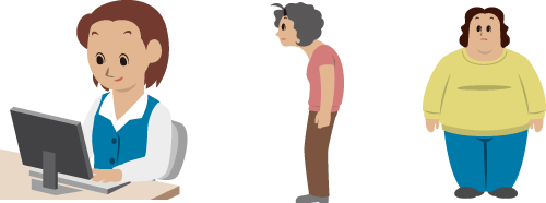 変形性膝関節症になりやすいデスクワークをする人、猫背の人、肥満の人のイラスト