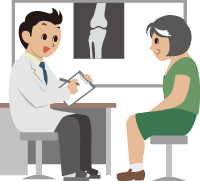 医師が患者に膝のレントゲン結果について説明しているイラスト