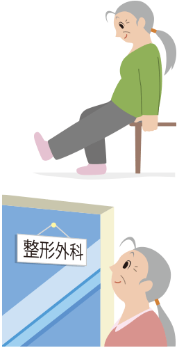 膝の運動をしている人のイラストと整形外科を訪れている人のイラスト